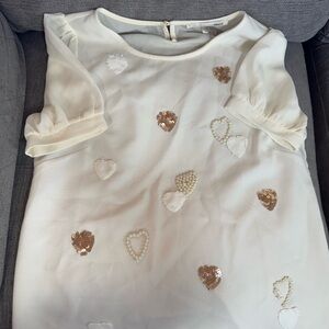 White blouse with Gold and White Heart Accents